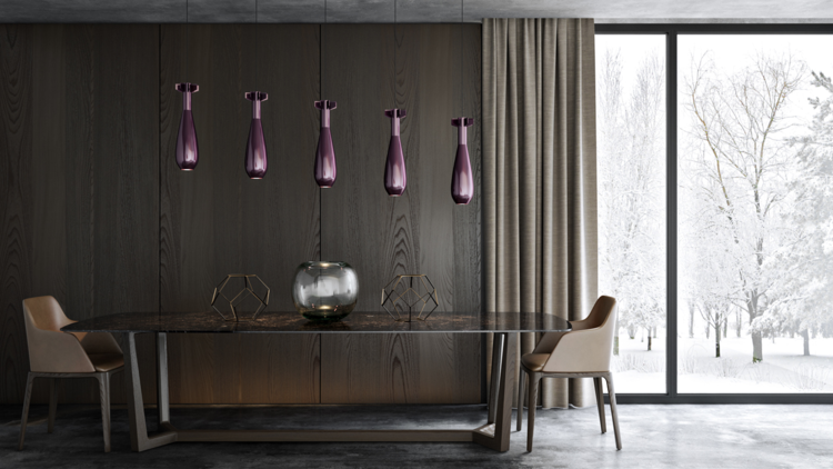 matsal inredning eleganta glas hängande lampor lila modern design idé