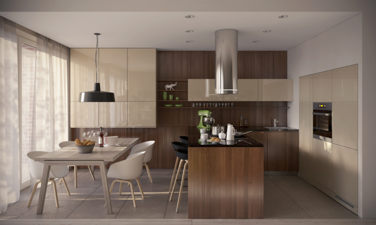 matsal möbler beige trä kök design modern högblank