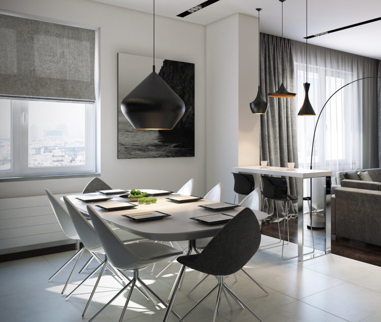 matsal möbler abstrakt form design hängande lampa svart kakel blind