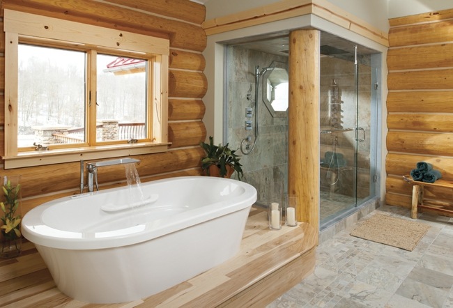 rustik väggbeklädnad fristående badkar duschkabin