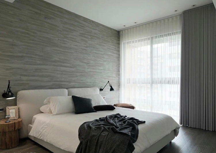möbler modern asiatisk stil sovrum elegant monokrom gardin grå vägg