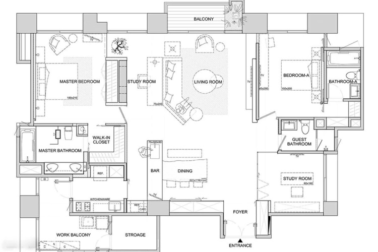 inredning modern asiatisk stil planlösning lägenhetsdesign rum
