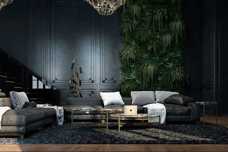 möblering-svart-guld-vardagsrum-läder-soffa-mässing-soffbord