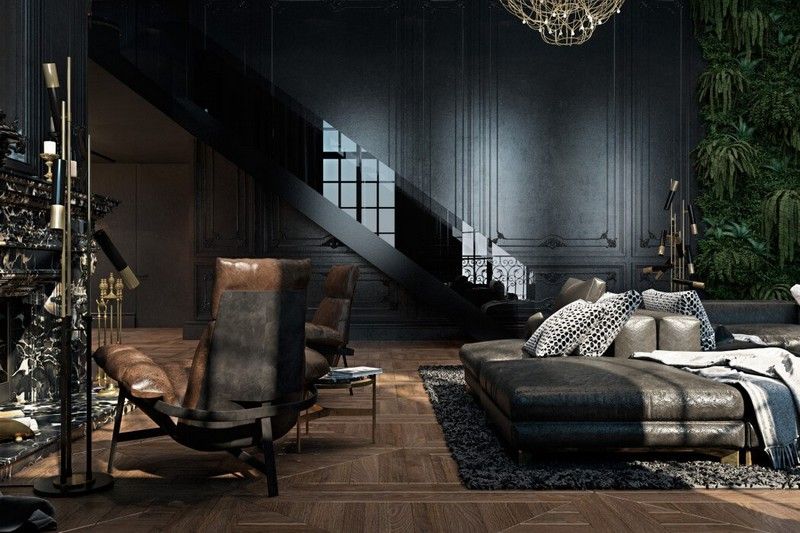 Möbler i svartguld-vardagsrum-parkettgolv-lädermöbler
