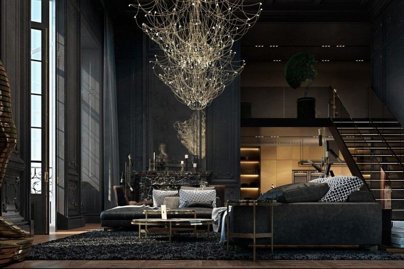 Möbler i svart och guldkrona-hög-franska-fönster