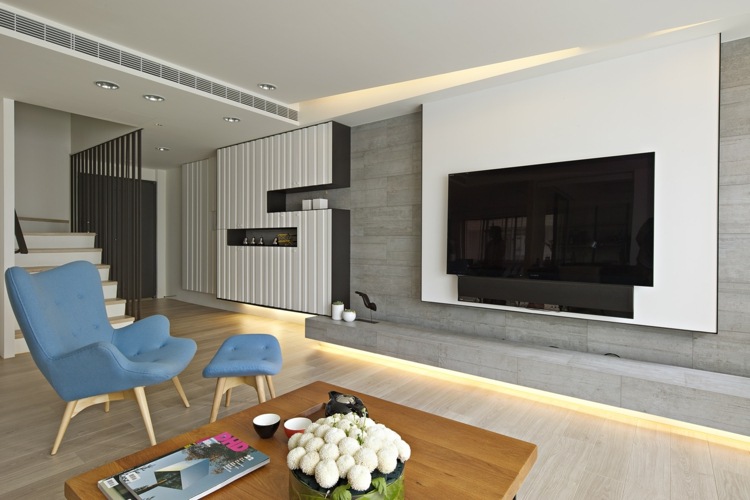 inredning minimalistisk asiatisk design betong lowboard tv soffbord