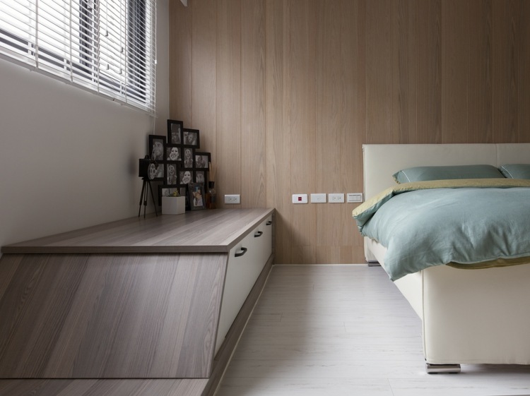 inredning minimalistisk asiatisk design sluttande säng sovrum modern garderob