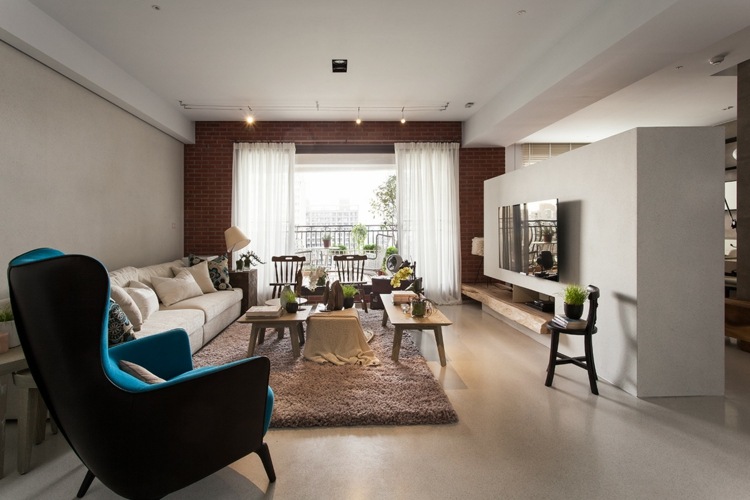 Inredning med minimalistisk asiatisk design tegelvägg accent vardagsrummet