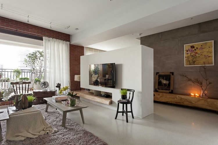 inredning med minimalistisk asiatisk design vardagsrum tv skiljevägg