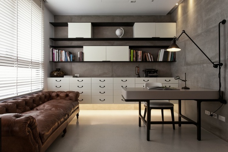 inredning minimalistisk asiatisk design kontorsmöbler läder soffa skåp hylla