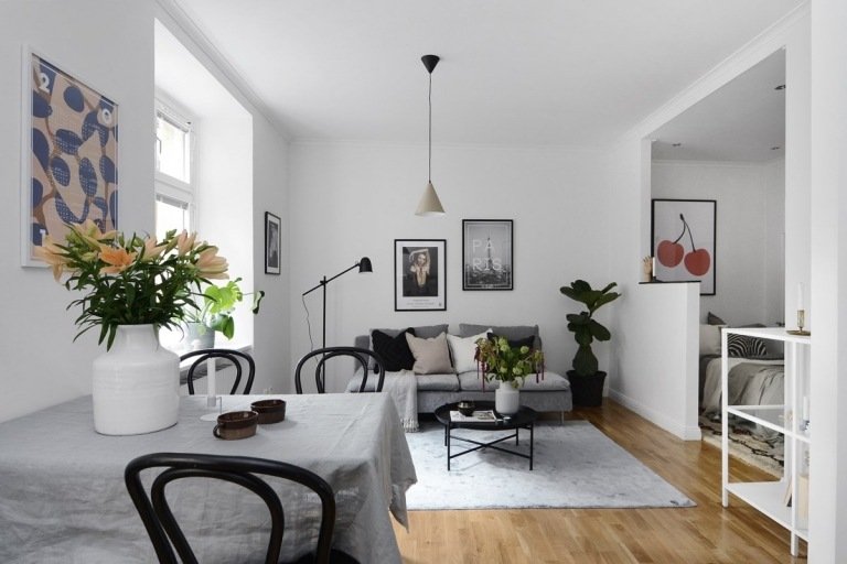 Separat vardagsrum och sovrum Idéer Halvhöjd skiljevägg för att sätta upp en modern skandinavisk ett-rumslägenhet