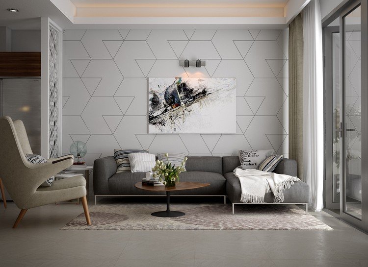 möbler-exempel-vardagsrum-vägg-design-geometriska-mönster-grå
