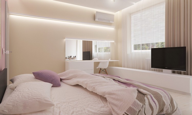 det perfekta sovrummet grädde-vägg-färg-led-remsor-toalettbord-tv