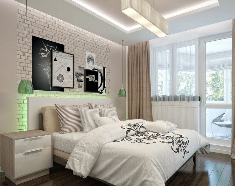 det perfekta sovrummet vit tegelvägg-grön-belysning-bakom sängen