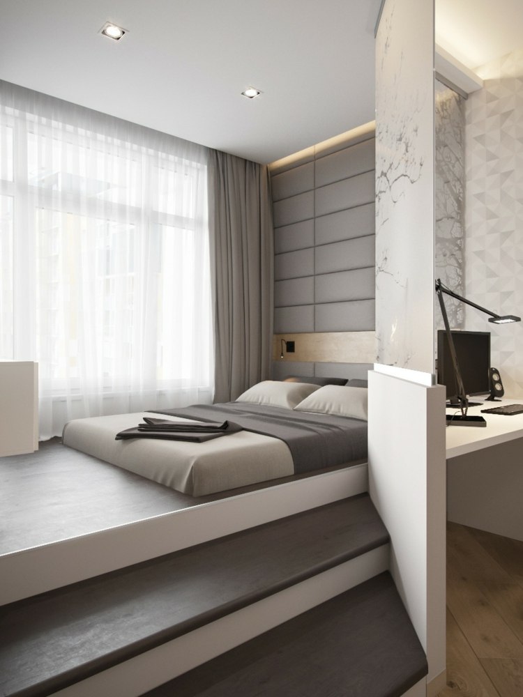 små rum inredning idéer svartvit stil grå vit säng skiljevägg steg