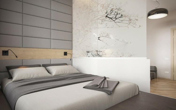 små rum möblering idéer sovrum säng grå skiljevägg frostat glasmönster