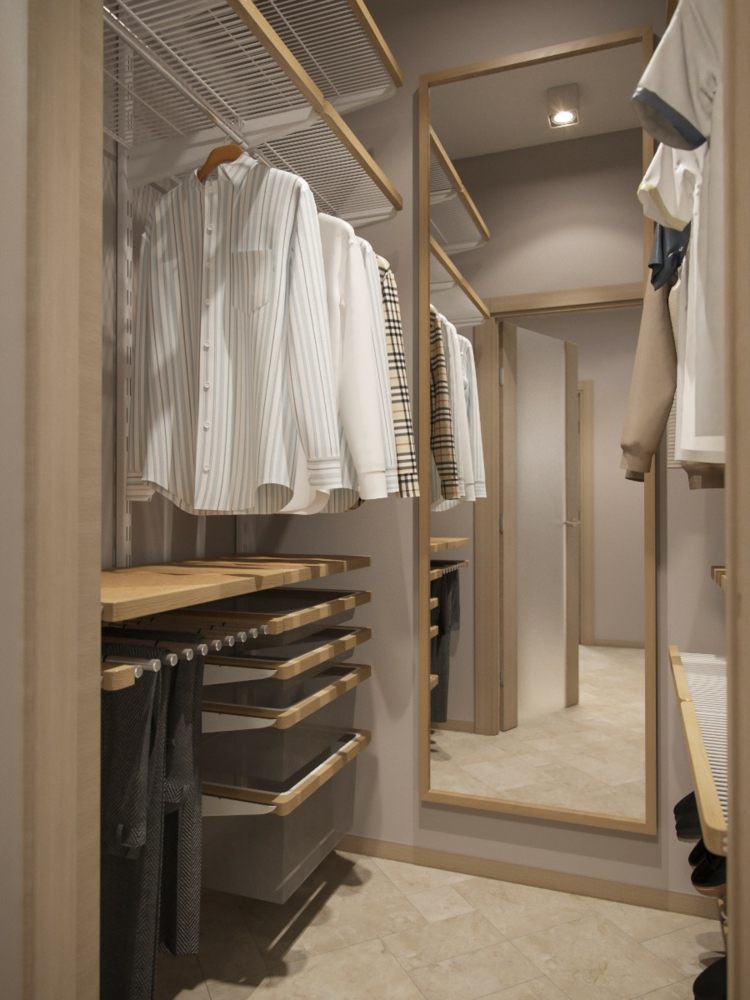 små rum inredning idéer walk-in closet spegel skjortor hylla