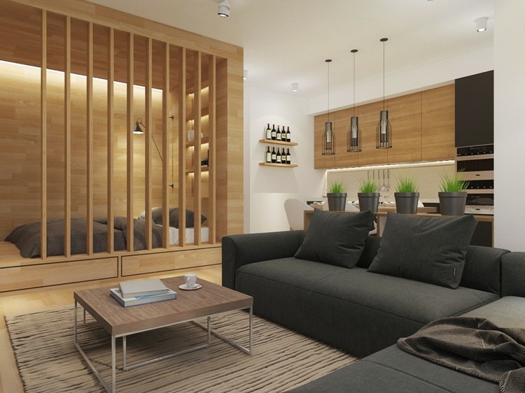 inredning idéer för små rum vardagsrum sovrum skiljevägg trä