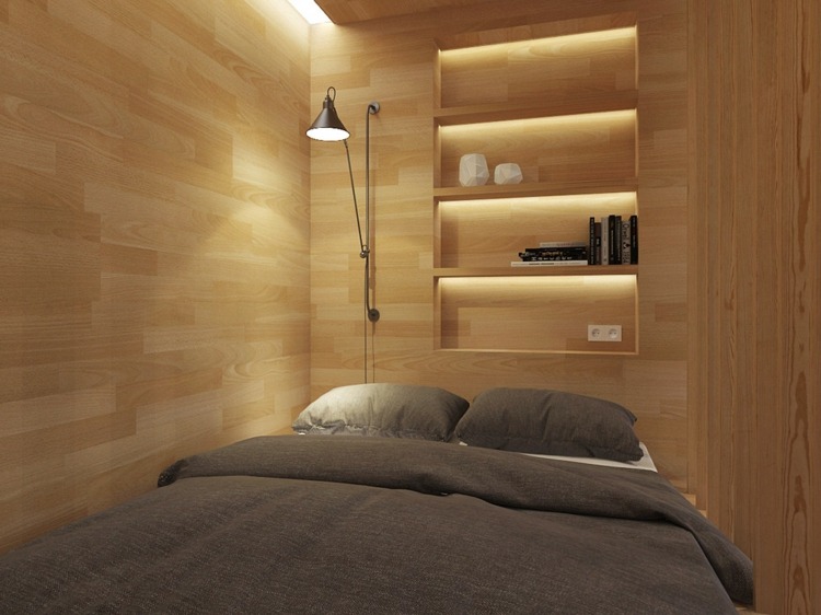 små rum inredning idéer väggbeklädnad trä inbyggd hyllsäng