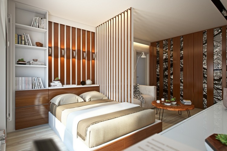 inredning idéer för små rum rumsavdelare remsor sovplats säng trä