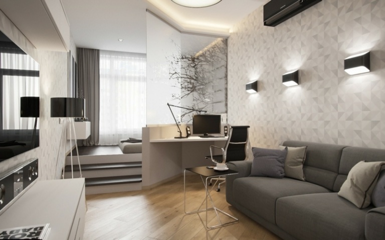 inredning idéer för små rum soffa grå tapet mönster kontorsbord