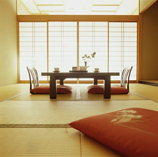 Vardagsrum i japansk stil med låga matbordstolar sittdynor