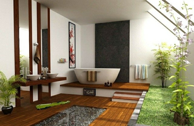 Zen avkopplande atmosfär, träutseende, badrumsplattor, fristående badkar