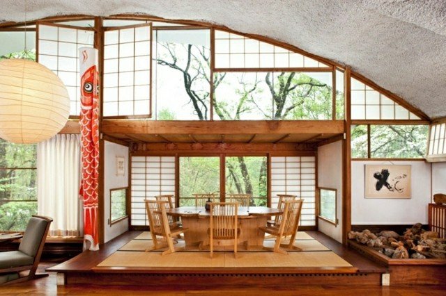 Hus moderna japanska inrättade energifria körbord av bordspappergardiner