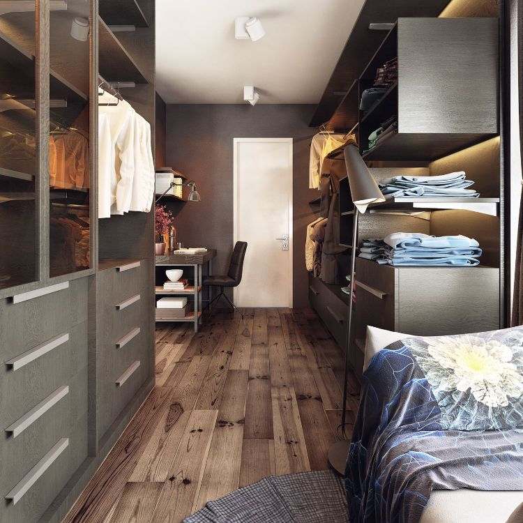 inredningsidéer-neutrala färger-walk-in-closet-arbets-hörn-brun-hylla-skåp-trägolv-vit-inuti-dörr