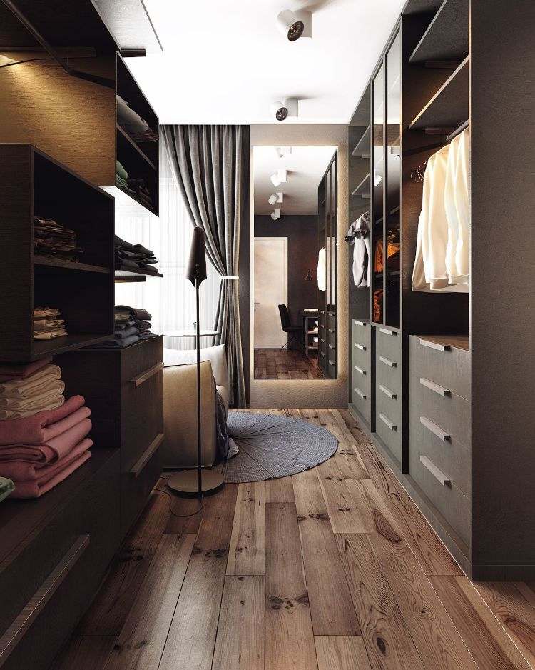 möblering idéer-neutrala färger-walk-in-closet-brun-trä-golv-beige-relax-fåtölj-golvlampa