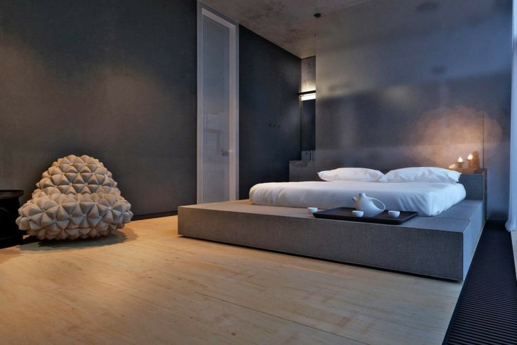 Sovrum minimalistisk uppsättning beanbag 3D betongyta