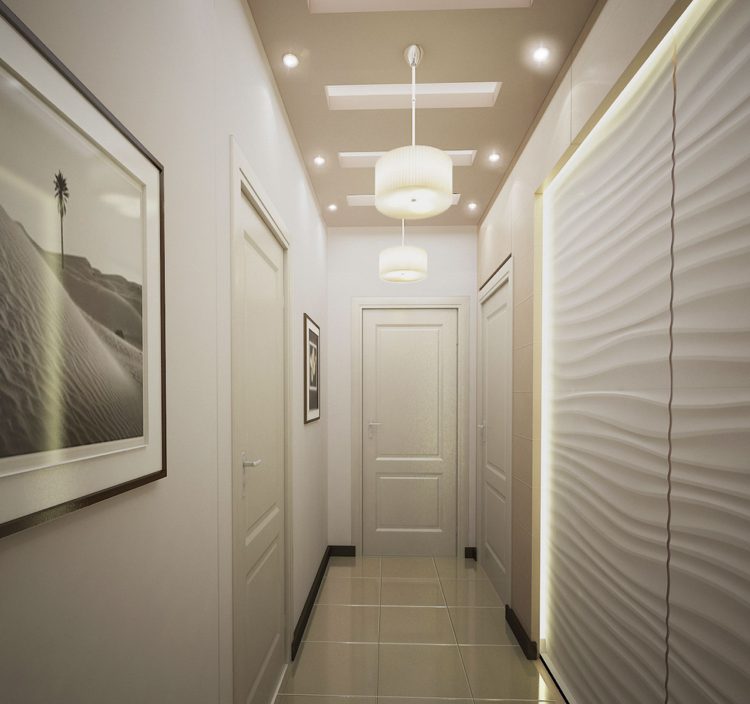 lång korridor belysning-tak spotlights-led-remsa-vit-grädde-toner