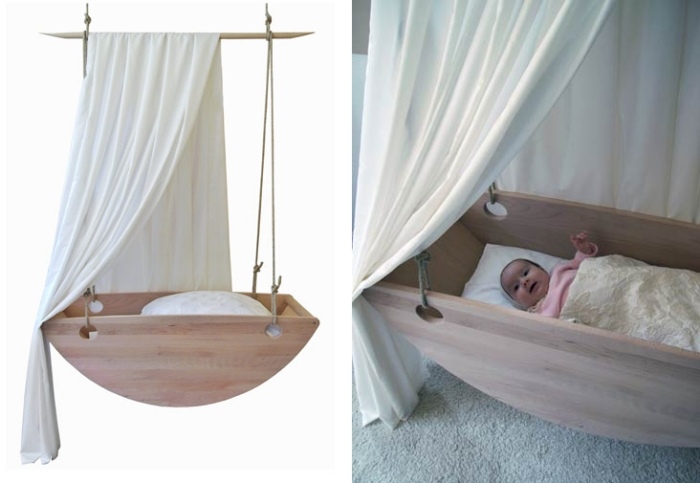 hängande-vagga-blickfång-tyg-baldakin-trä barnsäng-baby möbler
