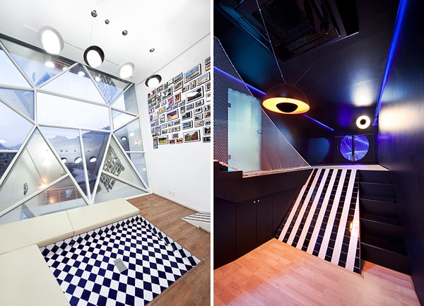 svartvita designer fritidshus med modern inredning