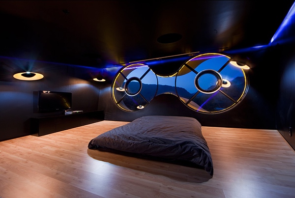 sovrum svart designer semesterhus med modern inredning