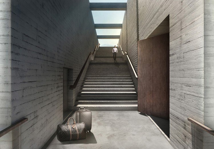 klipphus-koncept-entré-trappor-betong-väggar-massiv trä-dörr
