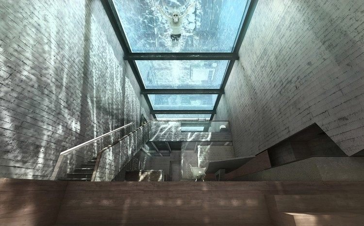 Glaspool på taket klipphus-koncept-exponerad betong-vägg-trä
