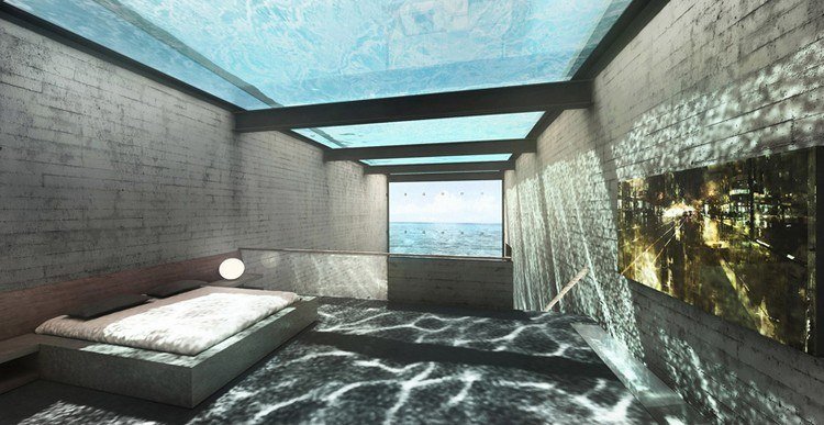 Glas pool på taket klippa hus koncept sovrum vatten ljus effekter