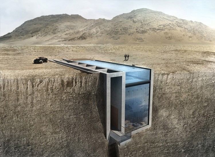 Glaspool på taket-klipphus-koncept-betongväggar-glasfront