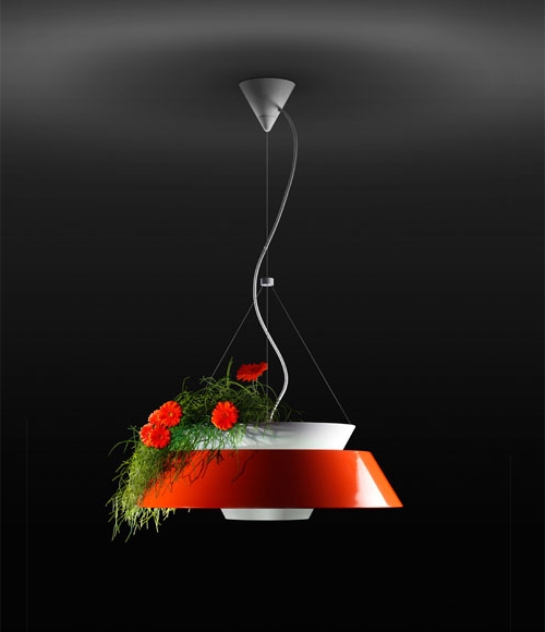 unik lampdesign kombinerar lampa och blomkruka röd