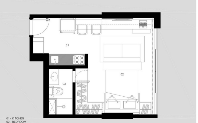 Infällbar säng-liten lägenhet-planritning