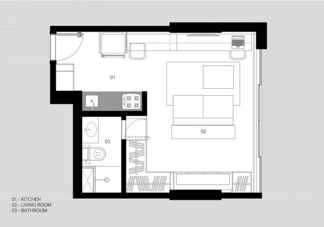 liten lägenhet planlösning-matlagning sovrum vardagsrum