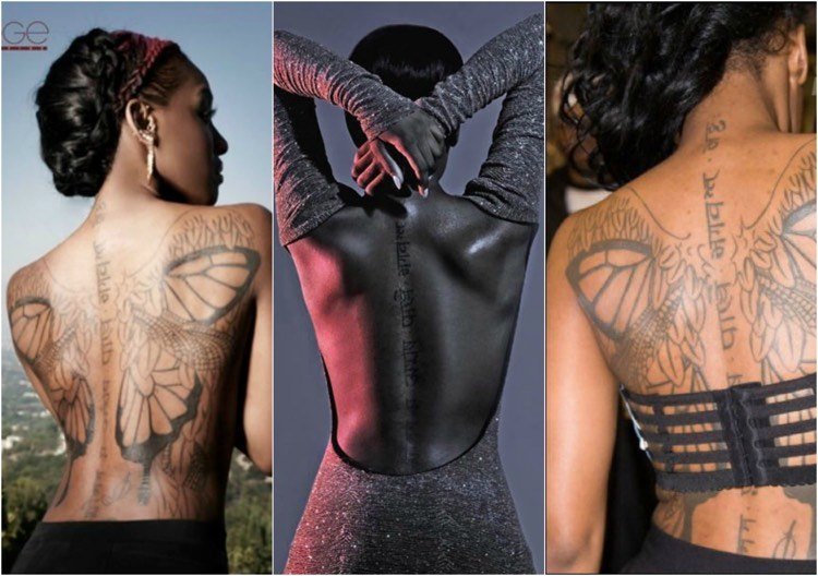 tatuering-motiv-ryggrad-kvinnor-fjäril-vingar-bokstäver-sanskrit