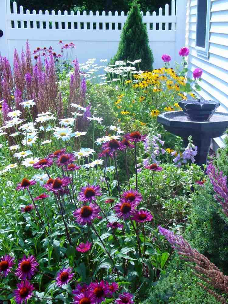 trädgård design-country-stil-fågel-vatten-fontän-växter-blommor-bluehnd