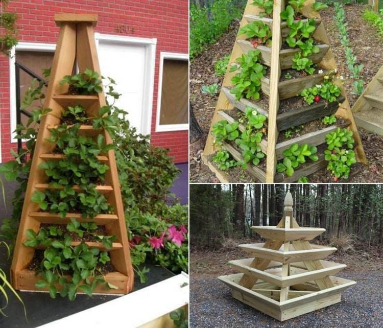 Bygg en hög jordgubbspyramid själv av trä för trädgården