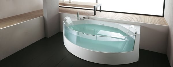 Modernt hörnbadkar design transparent genomskinligt glas duralight