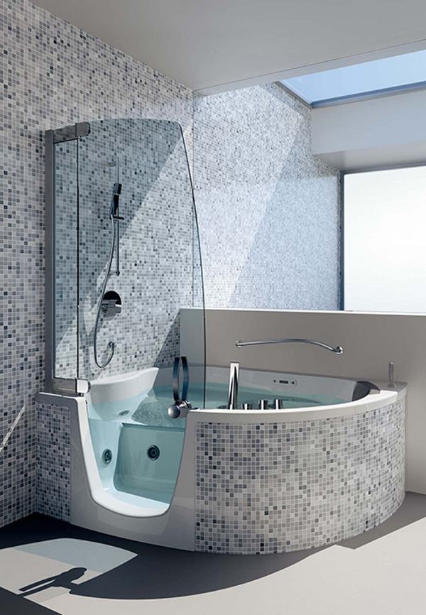 Kombinationsbadkar Teuco hörnbadkar, duschdesign, integrerad bubbelpool