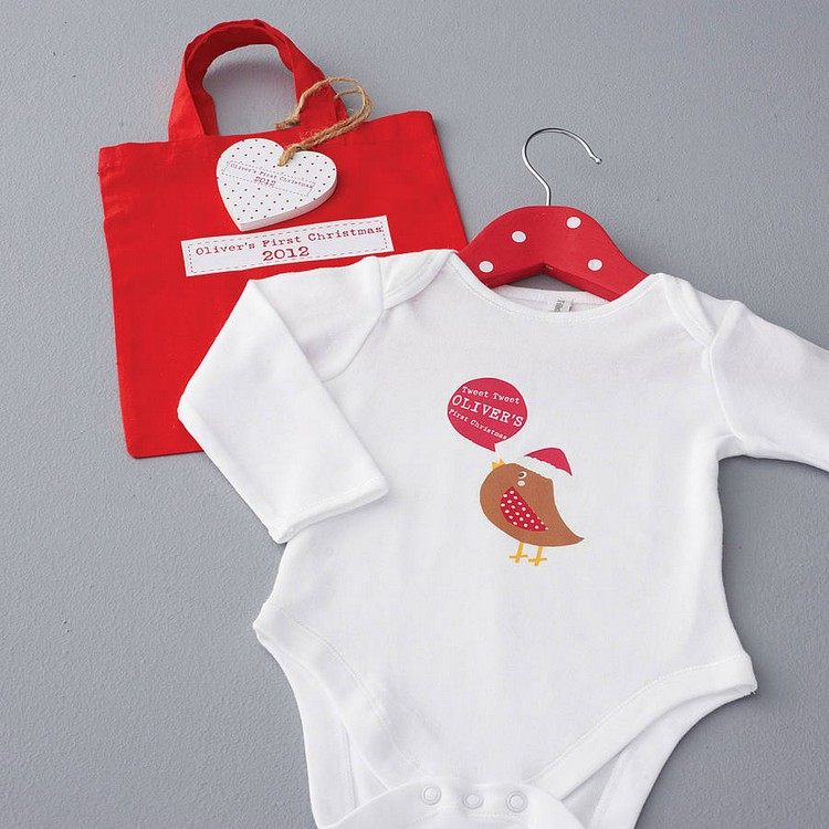 Första-jul-baby-present-romper-kostym-bild-tryckt