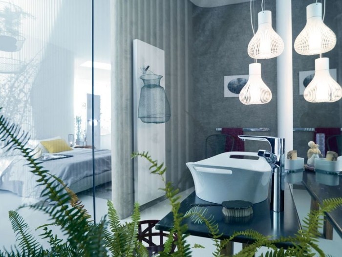 moderna hängande lampor-badrum-belysning-bänk-handfat-med-handtag