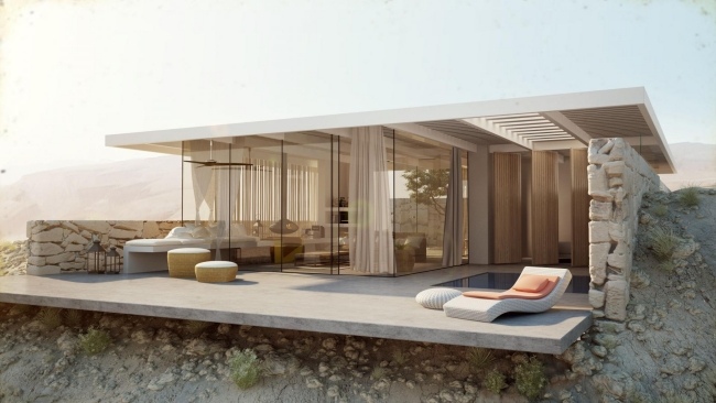 arkitektonisk visualisering 3d villa ökenglas altandörrar